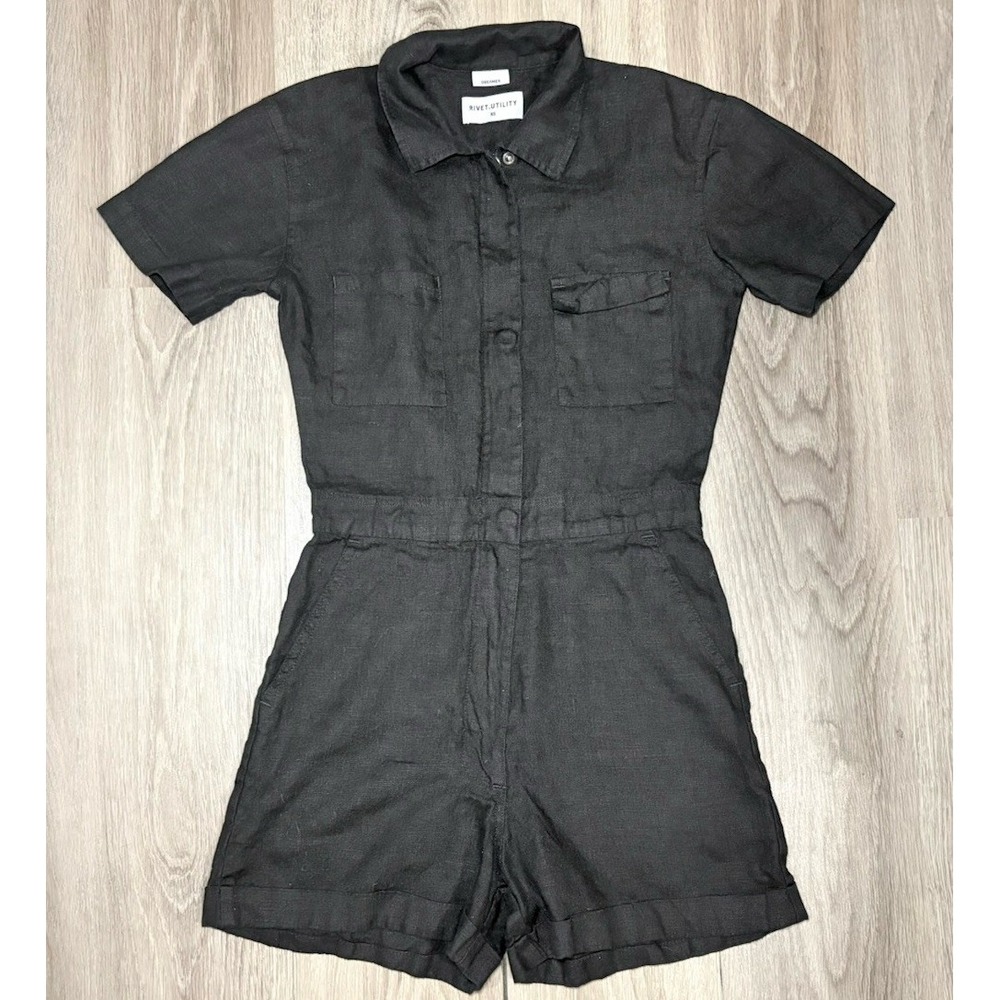 Rivet Utility Linen Dreamer Playsuit Short Romper Black Size XS Natural Workwear